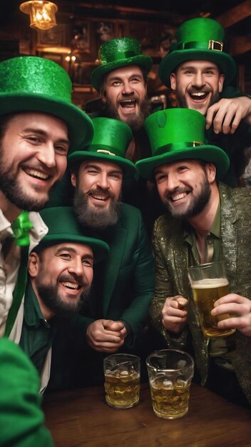 Men in green hats friends celebrate st patricks day celebration in a pub