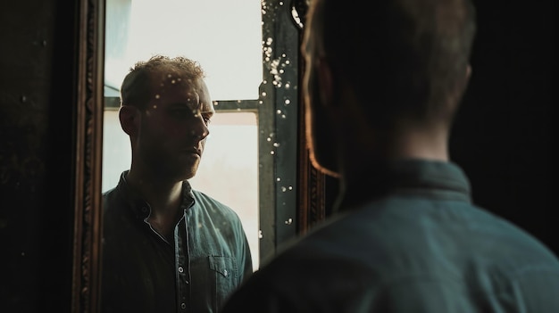 Photo men hair loss in early 20s a young man looking at reflection in a vintage mirror