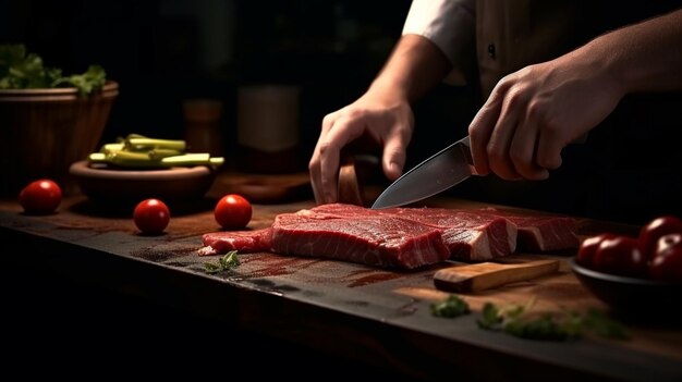 Photo men hand eating a beef steak with knife and fork on hand generative ai