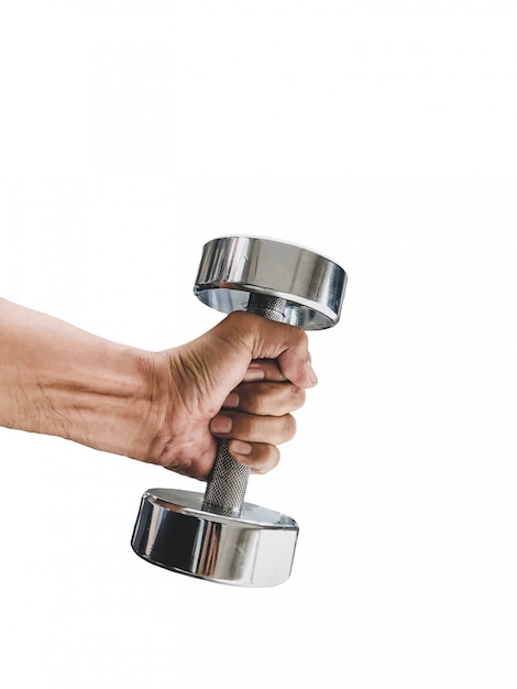 Men hand holding a dumbbell isolated on white background