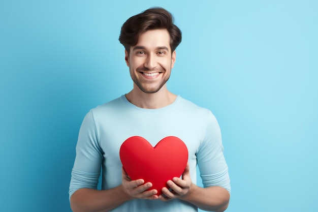 Men hand holding red heart light blue background