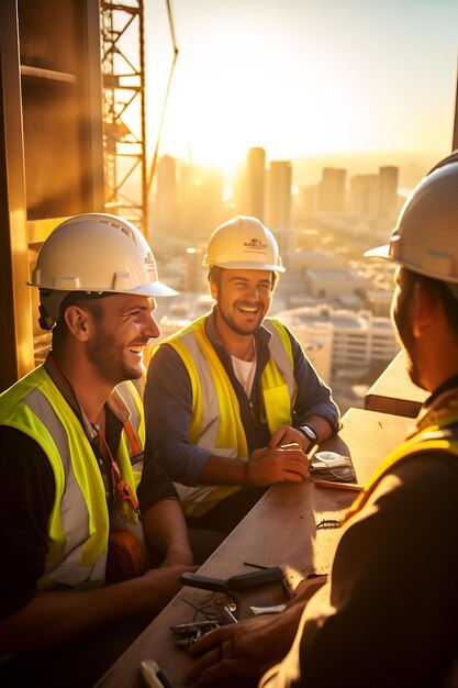 men in hard hats sit at a table in front of a building with the sun setting behind them