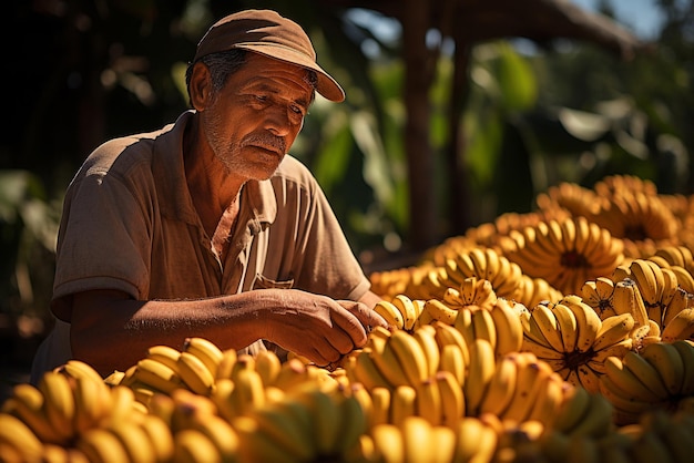 プランテーションでバナナを収穫する男性 かごに入ったバナナ