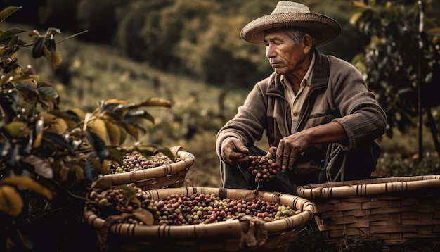 Uomini che raccolgono frutta biologica all'aperto in una scena rurale generata dall'intelligenza artificiale