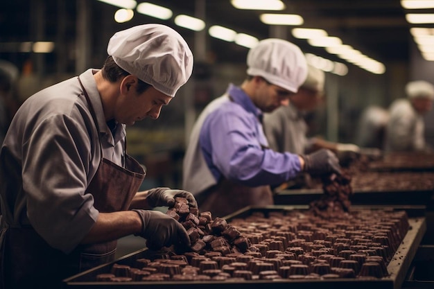 men in hats are working in a factory with chocolates.