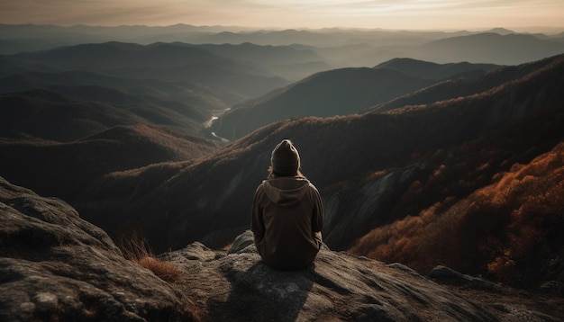 Men hiking mountain peak enjoying tranquil sunset generated by AI