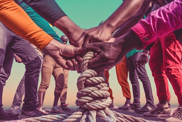 men hold hands in a group while using a rope in the style of vibrant color contrasts