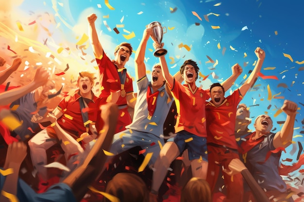 男子がトロフィーを握り,観客は興奮して ⁇ 声を上げます. ワールドカップの決勝で優勝したチームの喜びの祝い.