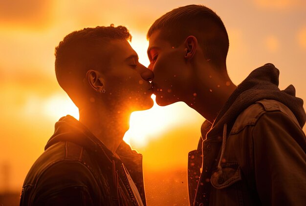 Photo men kiss in the sunlight in the style of homosexual themes