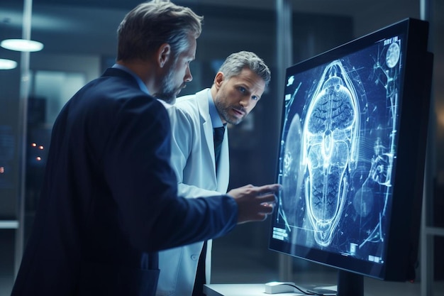 men looking at a computer screen with the brain drawn on it.