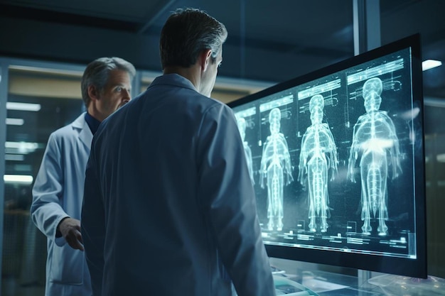 men looking at a skeleton in a display case.