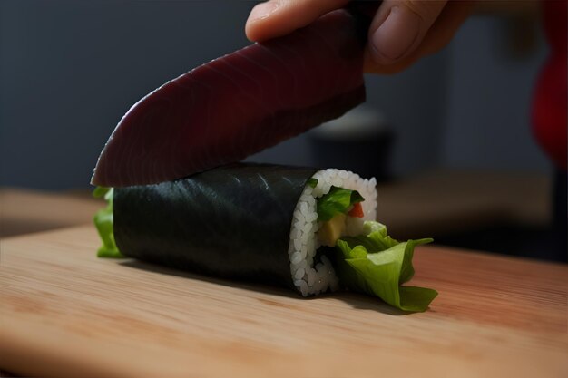 Foto uomini che fanno il sushi rotoli di sushi delicati