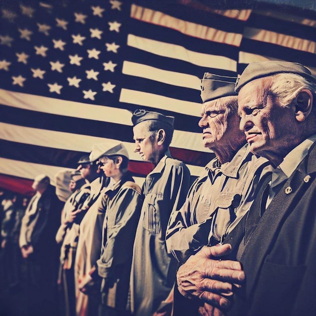 Photo men in military uniforms stand in a line with the american flag behind them.