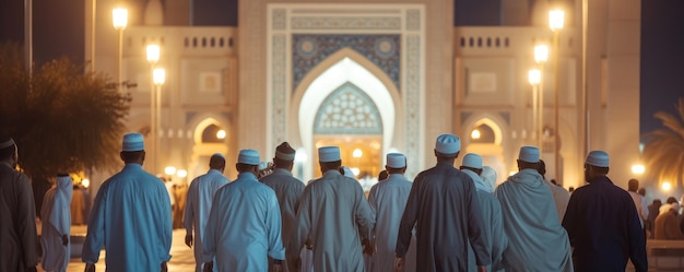 Мусульмане ходят перед мечетью ночью на молитву.