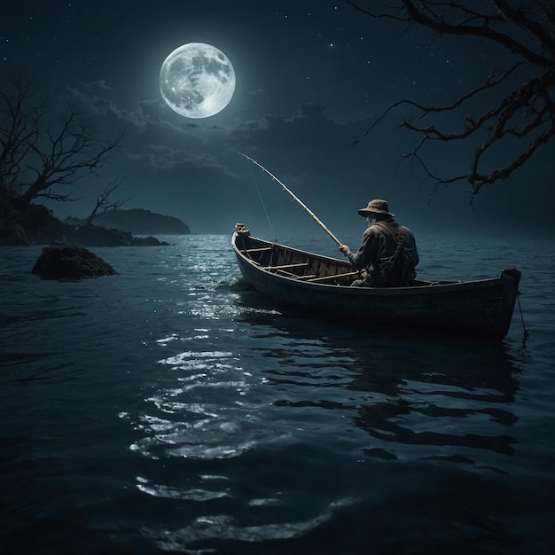 Photo men in the night in ocean sitting on a boat