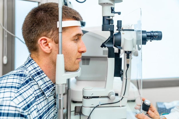 Men patient having a checkup eye examined by specialist