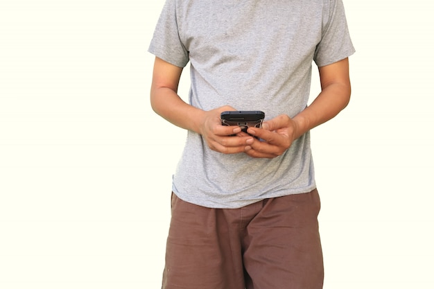 Men playing mobile Wearing shorts on white