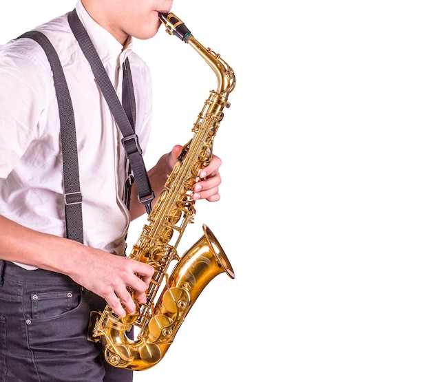 Men playing saxophone. Close up of men playing saxophone