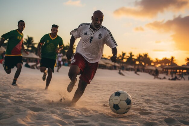 Men Playing Soccer Game on Beach