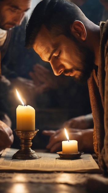 Men praying on the bible in the light candles selective focus