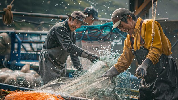 写真 ボートで網から魚を取り出している男性