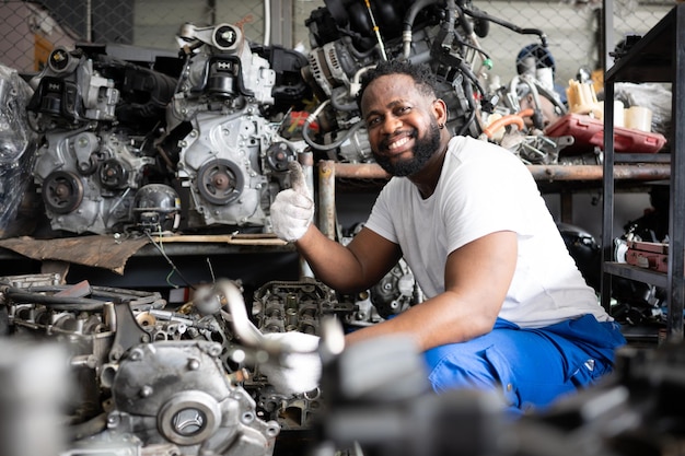 自動車修理所で車のエンジンを修理する男性 選択的な焦点