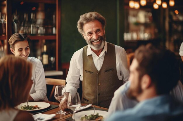 レストランの男性そのうちの1人は顔にワインをたくさん塗っています