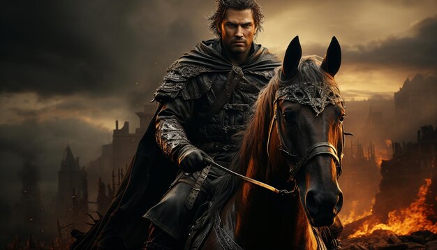 Фото Мужчины ездят на лошадях в темноте, соревнуясь в скачках, созданных ии.
