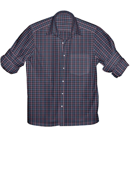 Men's blue and red plaid shirt with a white background