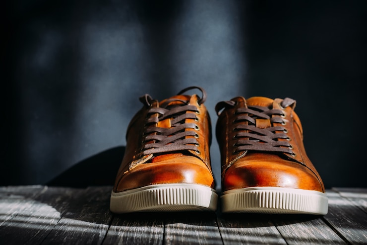 Photo men's brown leather shoes with shoelaces on dark wooden background