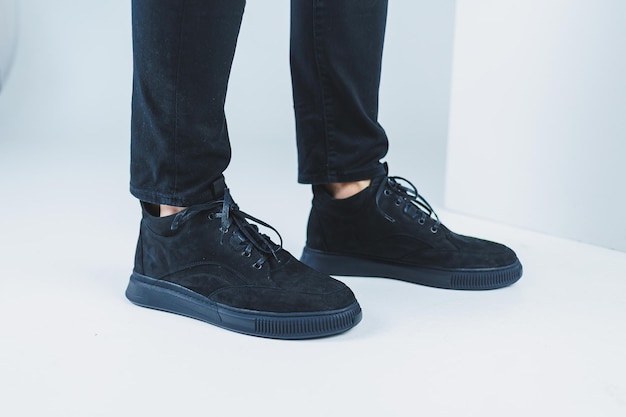 Men's casual shoes in black color made of genuine leather men on shoes in black lace shoes High quality photo