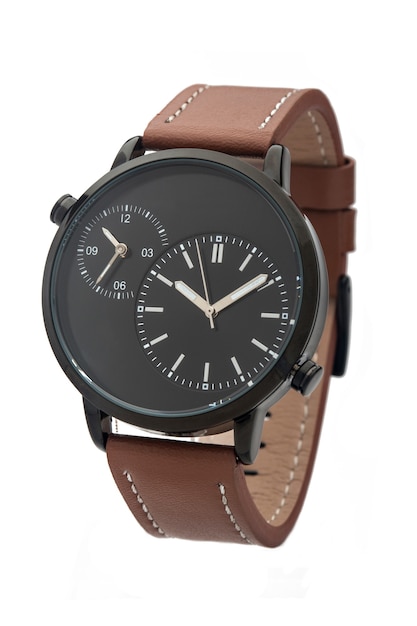 Men's casual watch in black color and brown leather strap isolated on white background