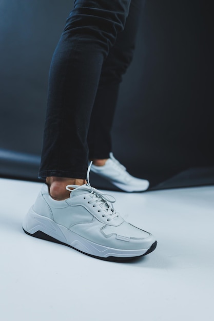 Men's casual white shoes made of genuine leather men on shoes in white sneakers High quality photo