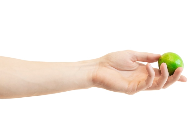 Men's hand gives a whole lime isolated on white 