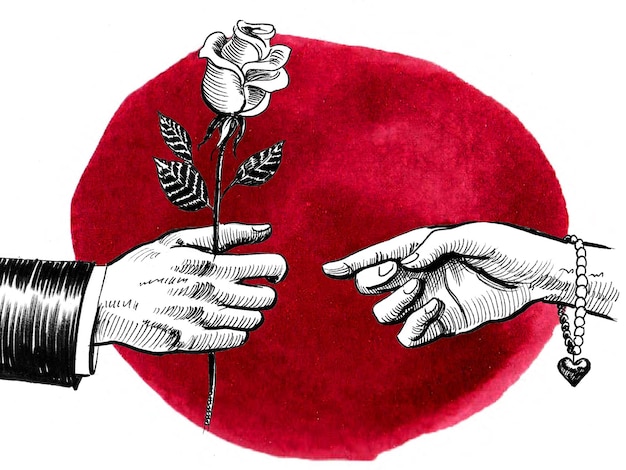 Men's hand giving rose to the women's hand Handdrawn illustration