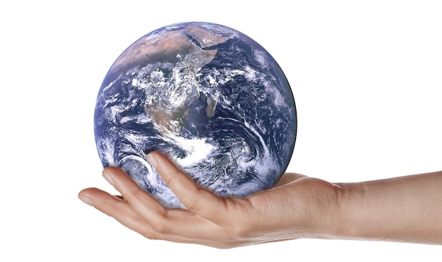 men's hand holding planet earth on palm hand