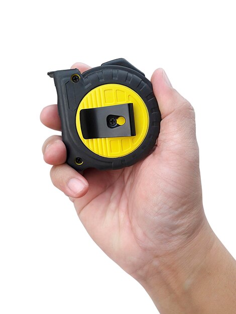 Men's hands hold a measuring tape