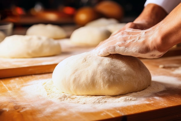 Men's hands knead dough in the home kitchen