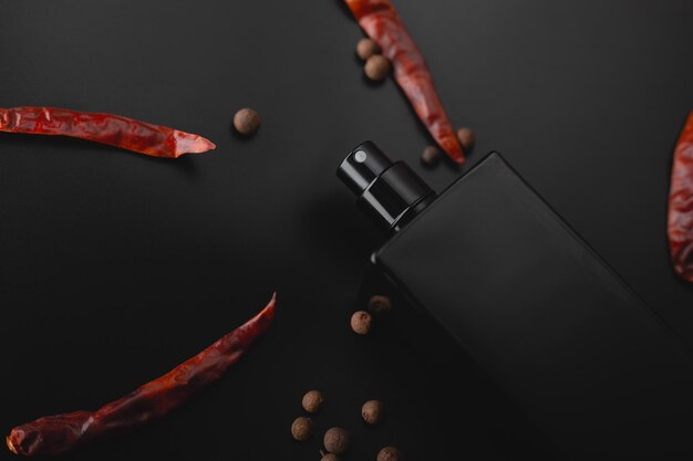 Men's perfume and spices on a dark background