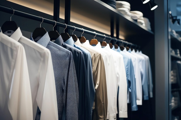 Men's shirts on hangers in clothing store