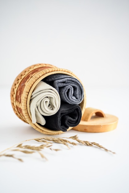 Men's socks in a round box on a white background closeup