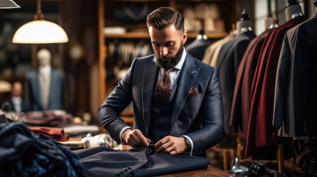 A men's suit tailor making adjustments to a new suit Well dressed gentleman of a custom tailored sui