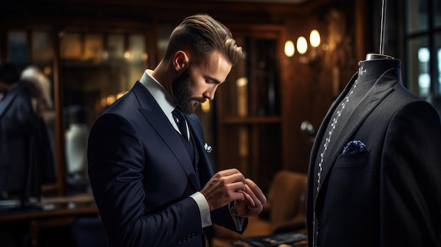 A men's suit tailor making adjustments to a new suit Well dressed gentleman of a custom tailored sui