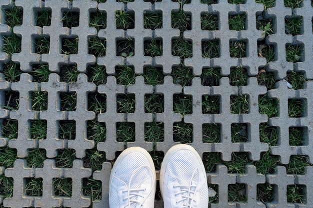 Men's summer shoes and grass among the tiles taken from above