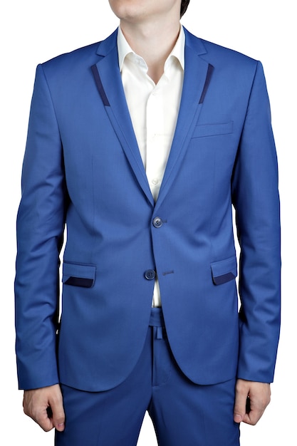 Men's wedding suit of bright blue color trousers and jacket, isolated on white.