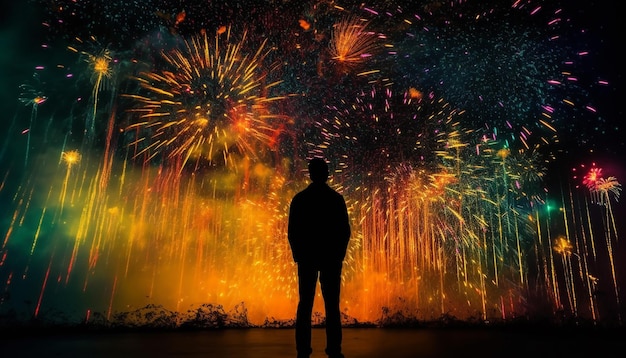 Men saluting joy with vibrant firework display generated by AI