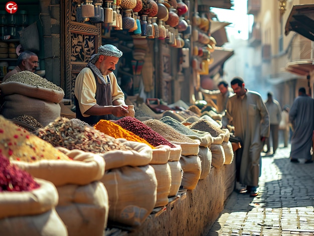 Фото Мужчины продают специи и травы на оживленном рынке в египте w traditional and culture market photo