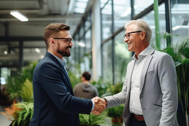 men shaking hands in a greenhouse