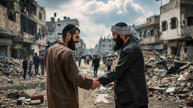 Photo men shaking hands in the streets of the old city