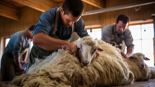 Photo men shearing sheep